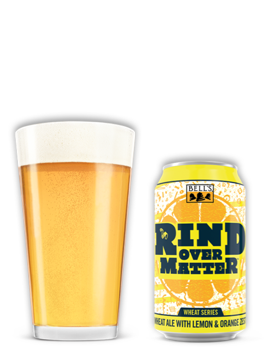 a can and glass of one of Bell’s beer varieties, Rind over Matter