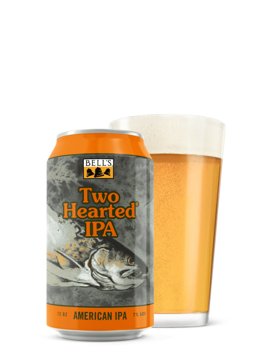 A can of two hearted IPA and a pint glass filled with it