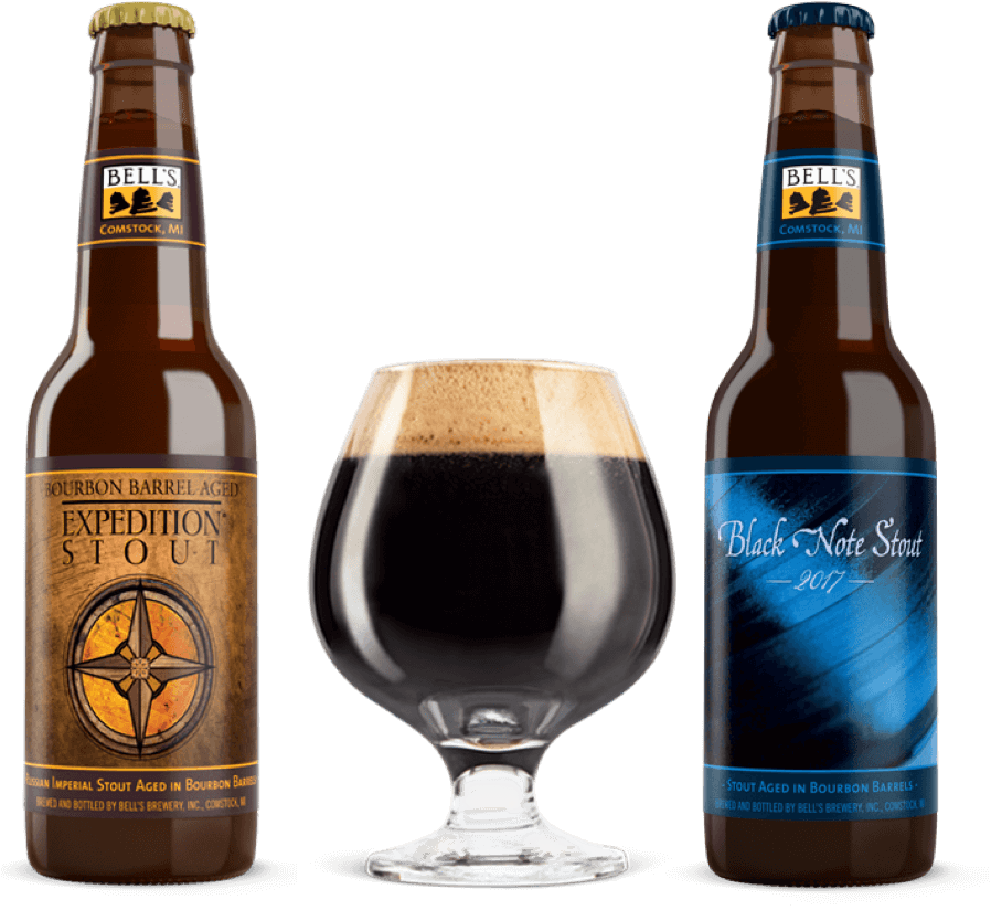a bottle of bourbon barrel aged expo stout and black note stout