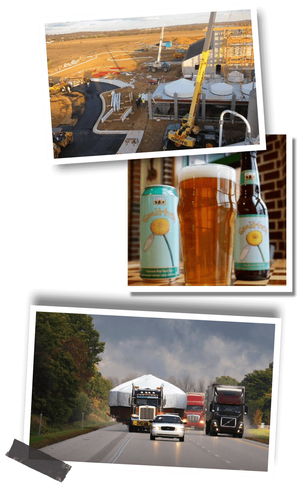 Collage of images showing construction, can and bottle of Golden Rye Ale (now known as Smitten)