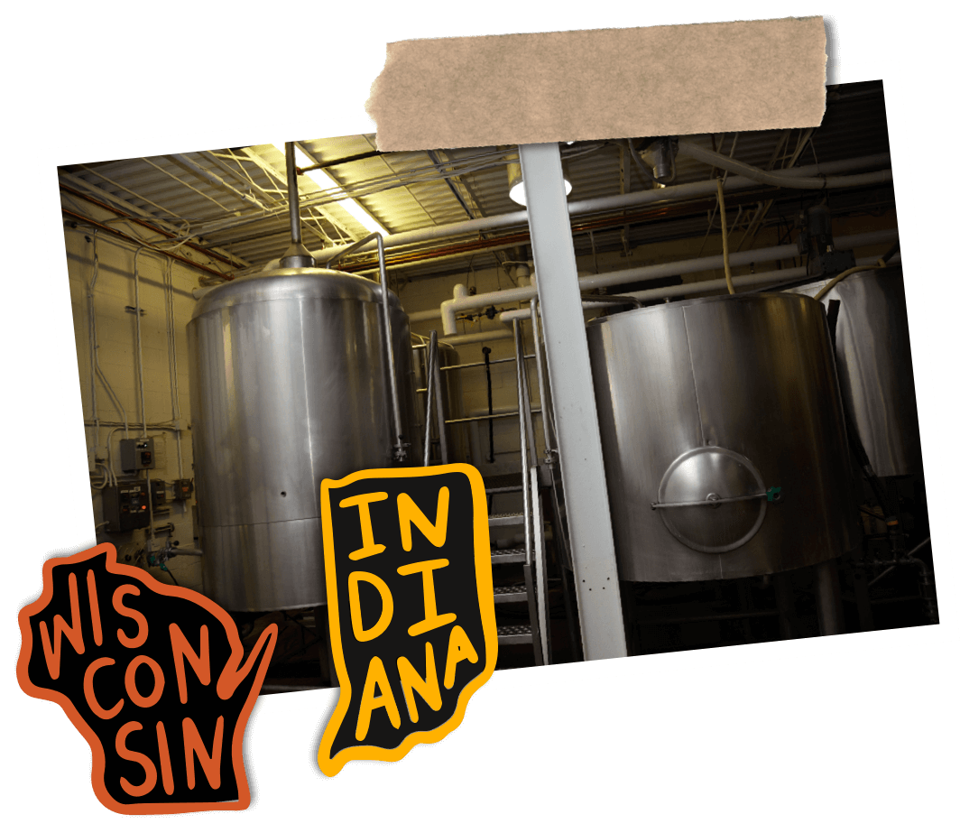 A photo of the new two barrel brew system with state outlines of Wisconsin and indiana