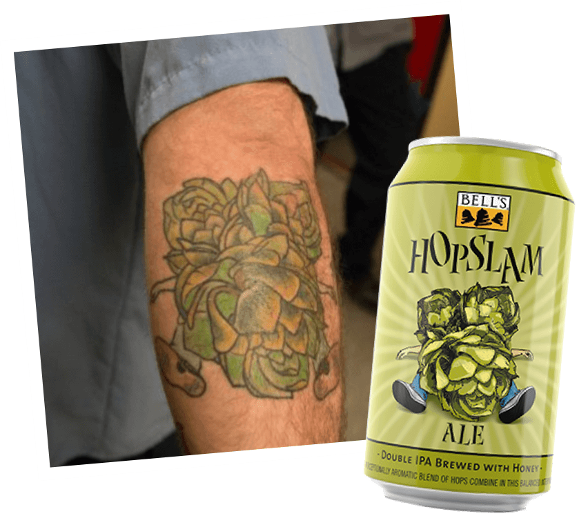 A can of hopslam in front of a hopslam tattoo