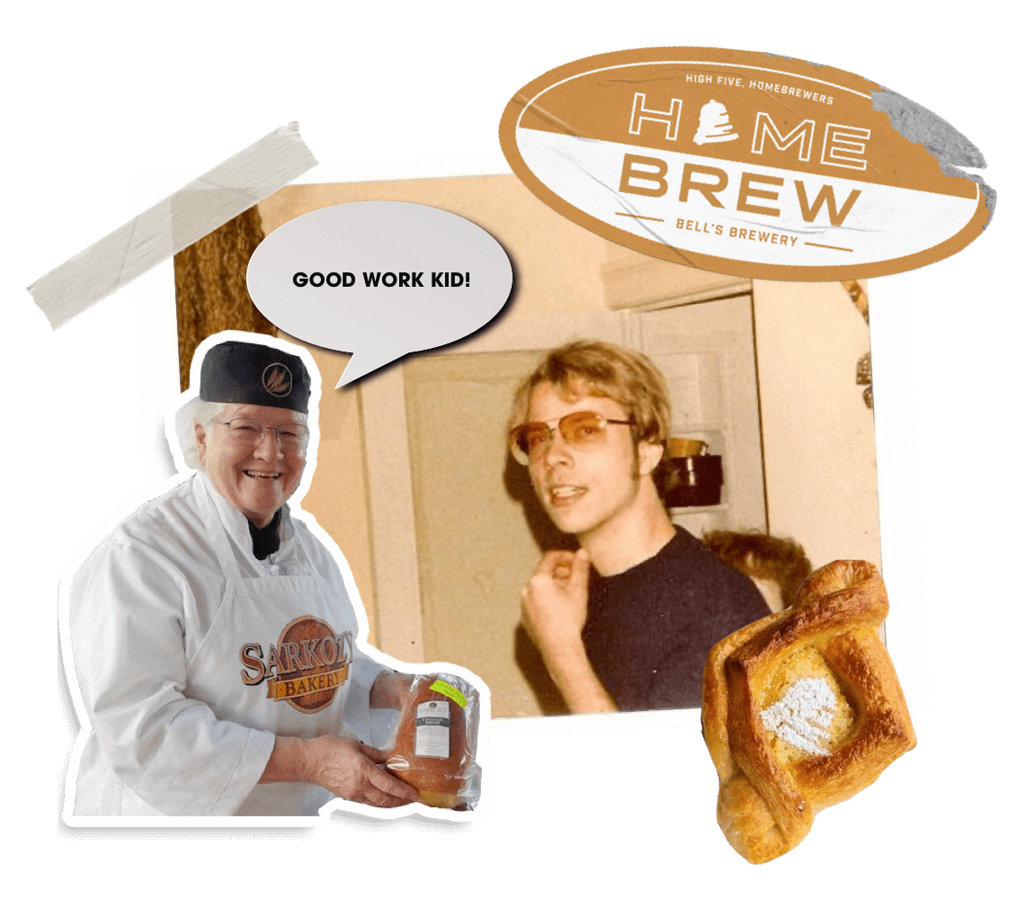 A photo of a young Larry Bell and owner of sarkozy bakery with a speech bubble saying good work kid