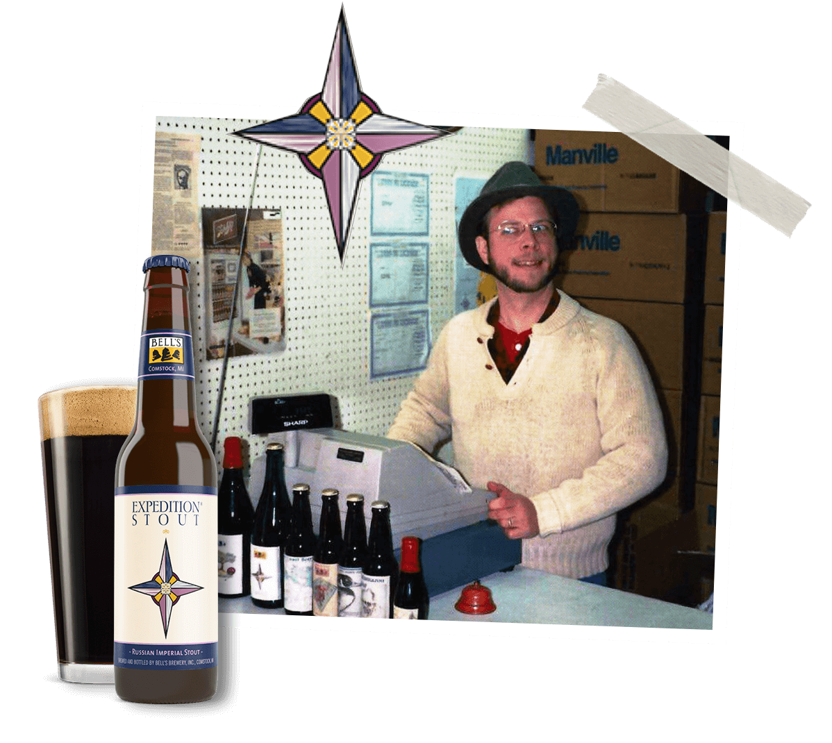 Larry Bell behind a cash register and a bottle of exedition stout
