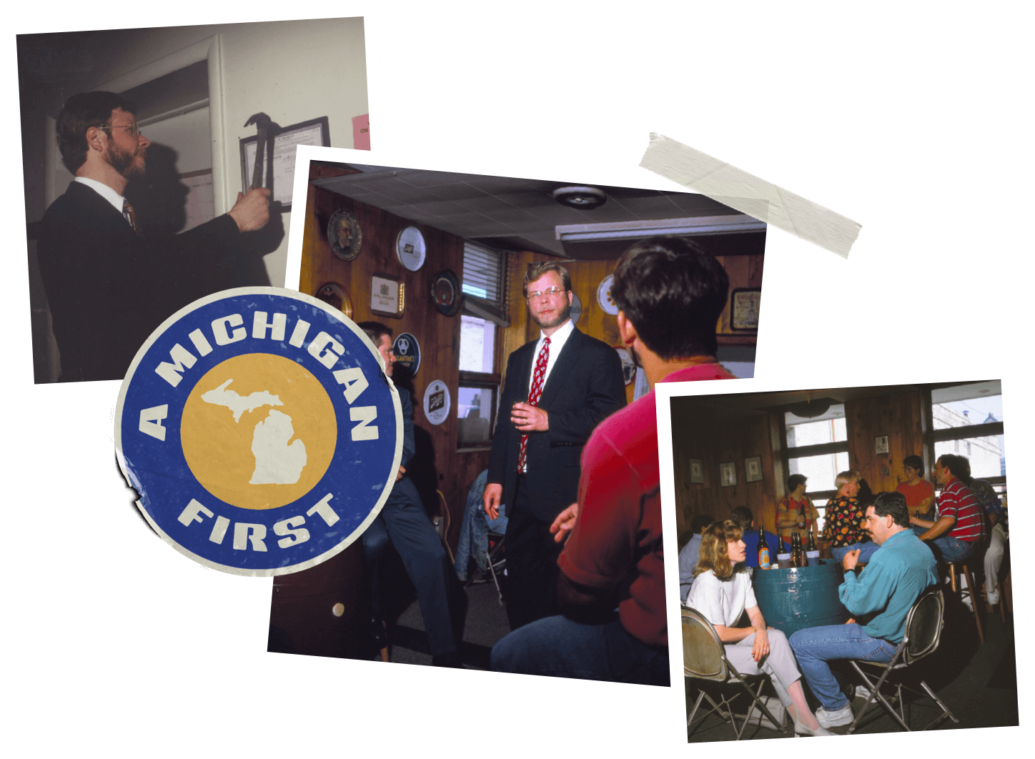 Larry bell nailing a document to the wall, and standing in a board room holding a beer, first look of the inside of the eccentric cafe