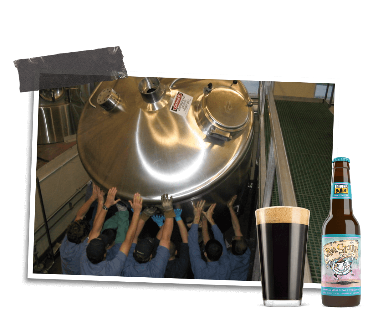 A photo of a brewing tank being moved, a bottle of java stout