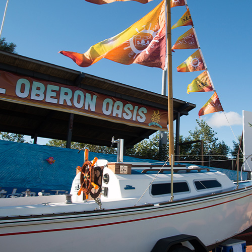 an Oberon-themed sailboat from beer history