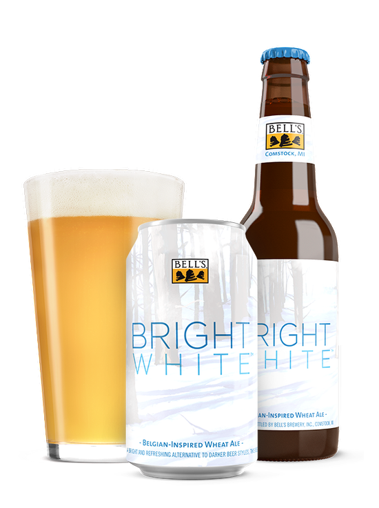 A can of Bright White sitting in front of a bottle of Bright White and a full glass