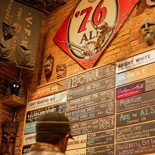 the tall list of brews on tap at Bell’s Eccentric Cafe