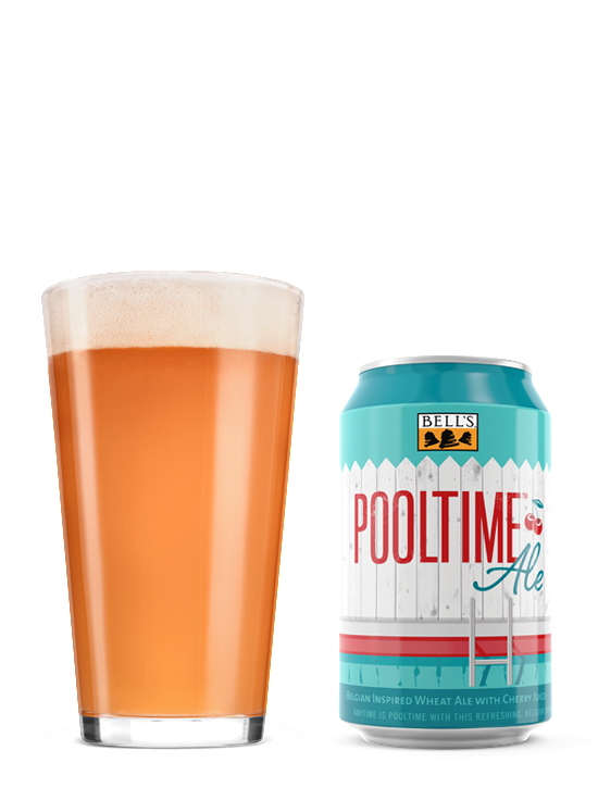 A full glass sitting next to a can of Pooltime Ale