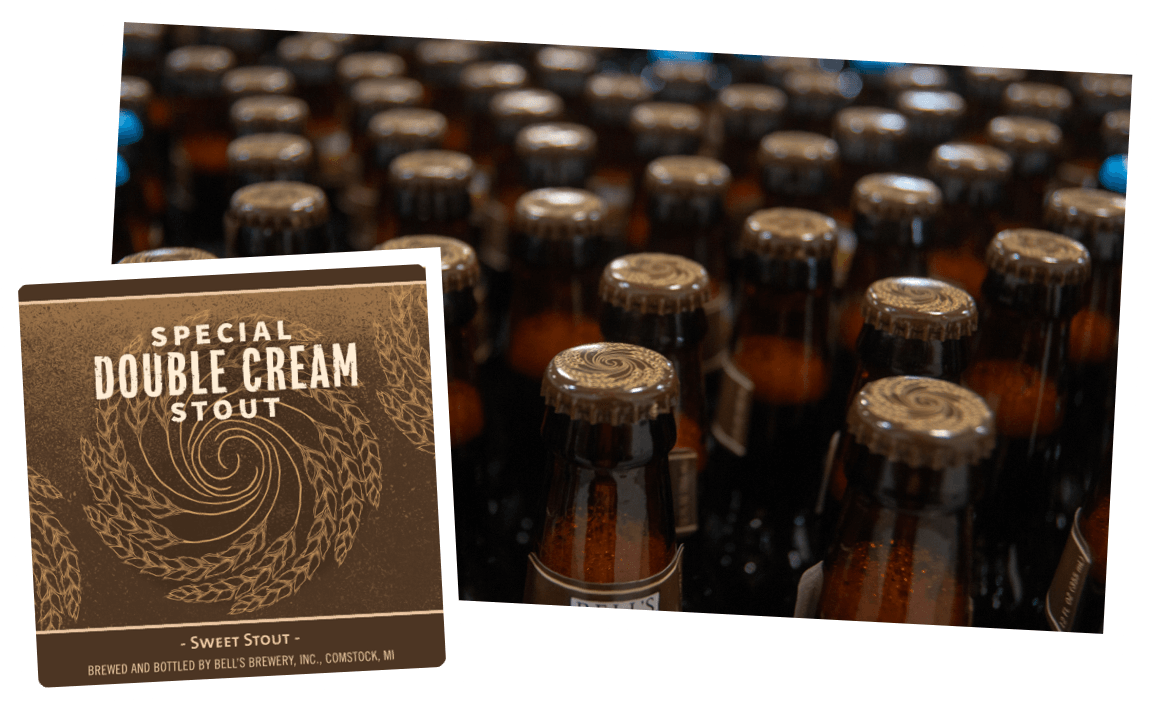 Label for double cream stout with a collection of bottles of it in the backgroun