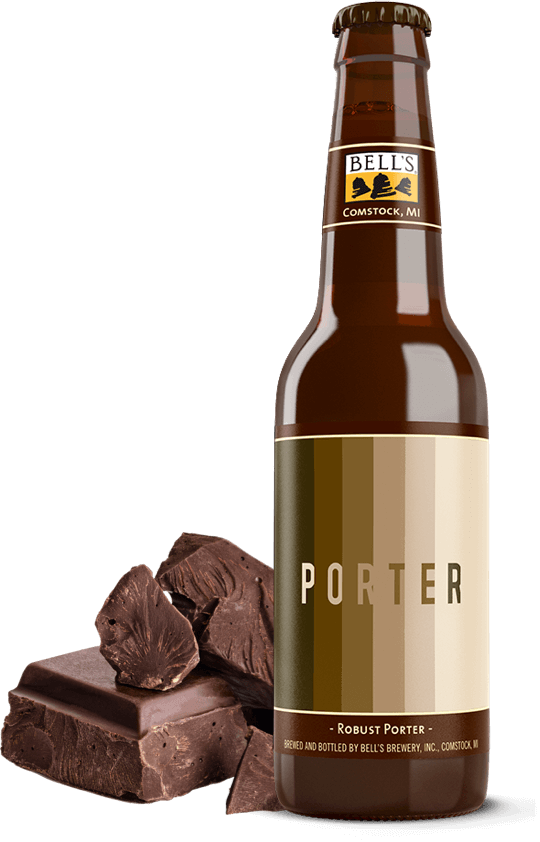 Bottle of Porter next to a stack of chocolate