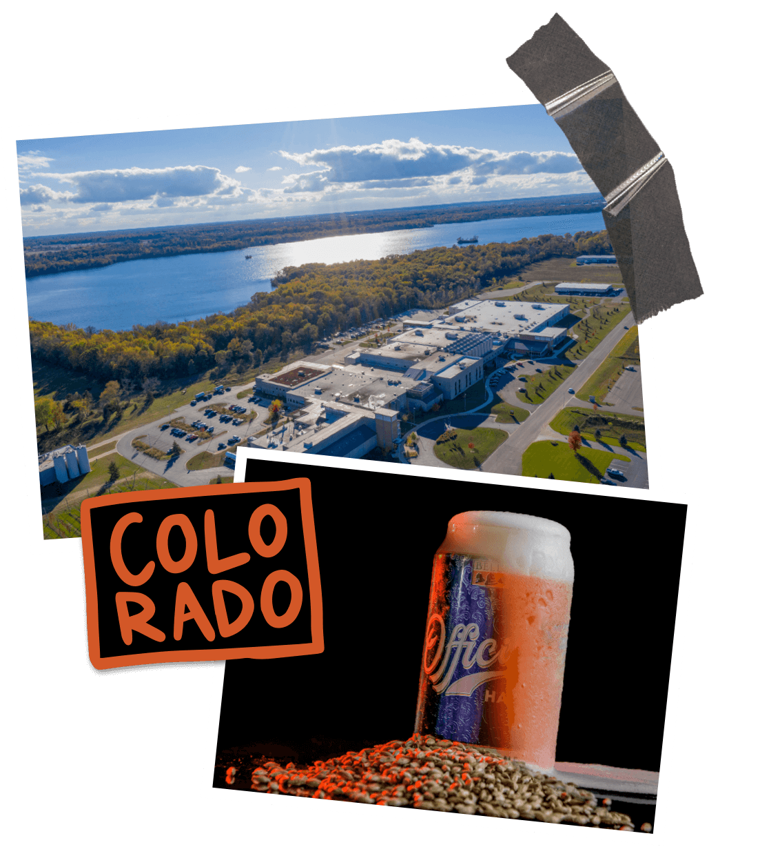 Sky image of the brewery, image of colorado, bottle of official