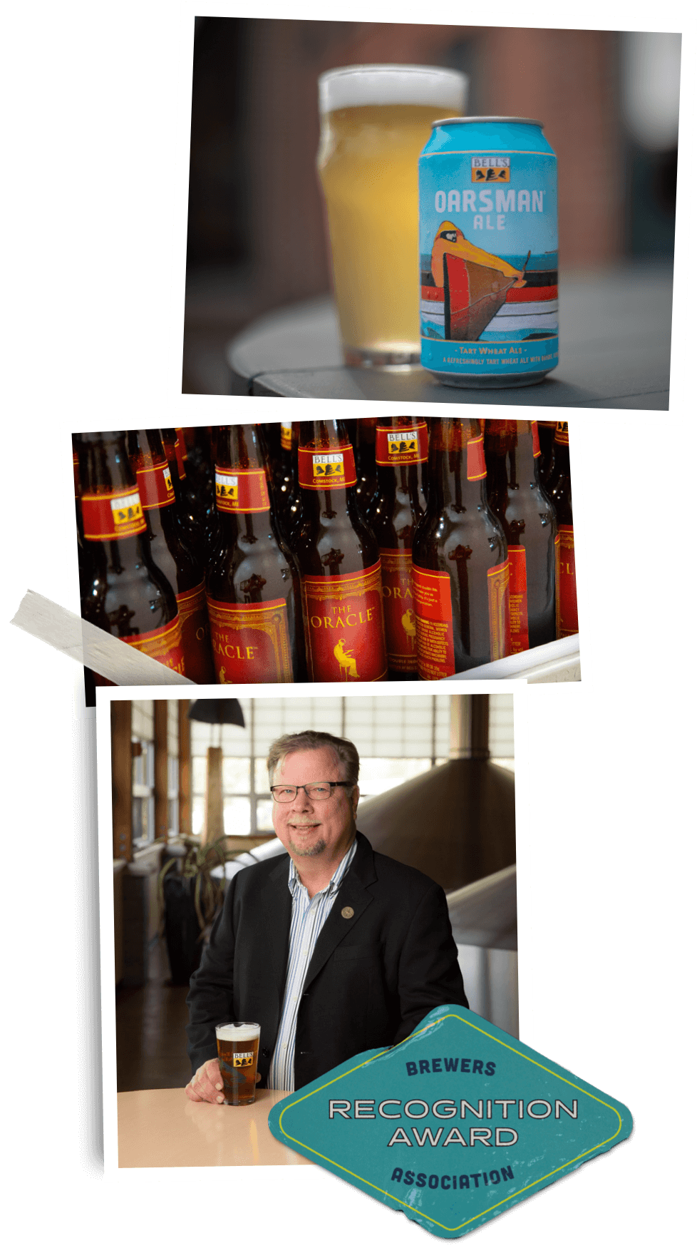 Collage of images showing cans of Oarsman Ale, label for The Oracle, and a headshot of Larry Bell