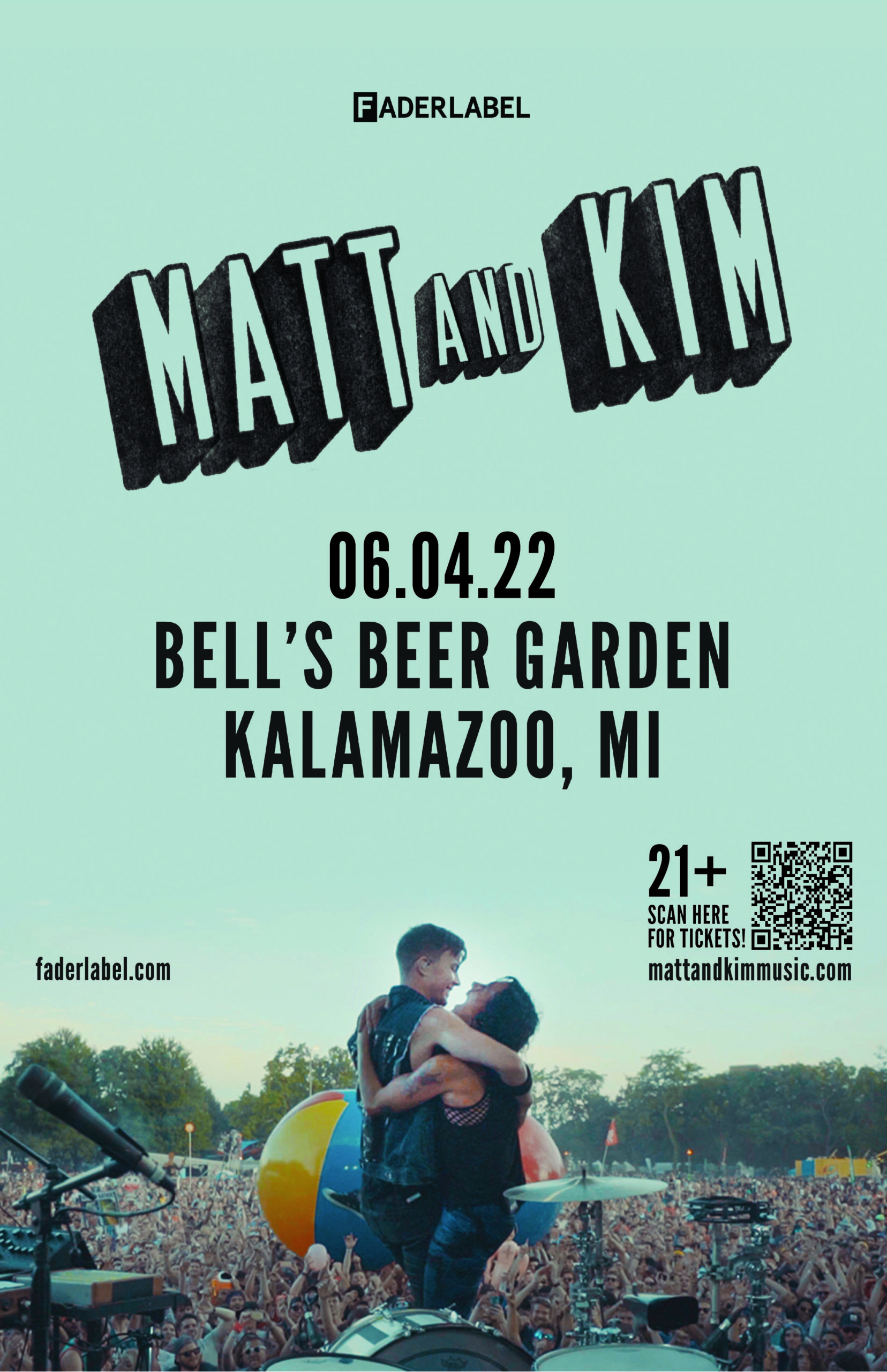 Event poster for live music near me at the Bell's Beer Garden by Matt and Kim