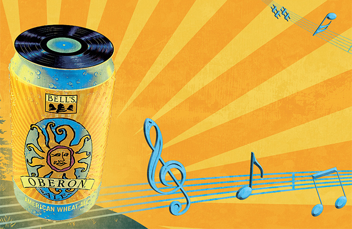 A can of Oberon with a record on top, surrounded by sun rays and music notes.