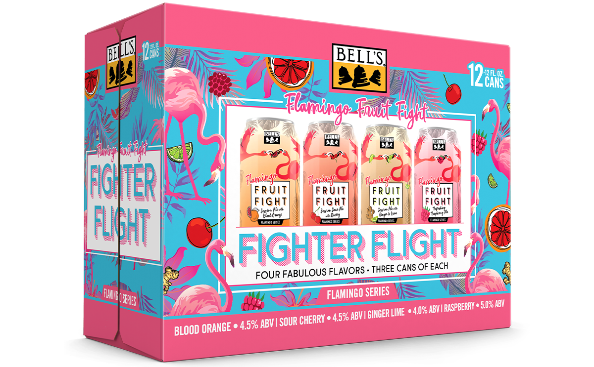 A pink and blue box with flamingos, with the text Fighter Flight across it with four beers