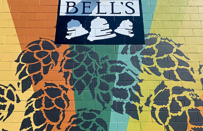 Colorful hops mural with the Bell's logo on the side of the downtown brewery.
