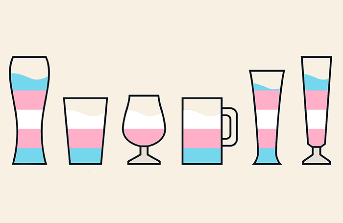 Five different shaped beer glasses, with the blue, pink and white colors of the transgender flag inside of them.