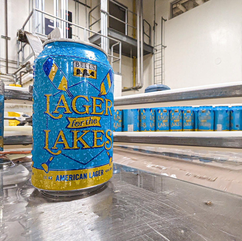 A Lager For The Lakes can with condensation on the canning line.