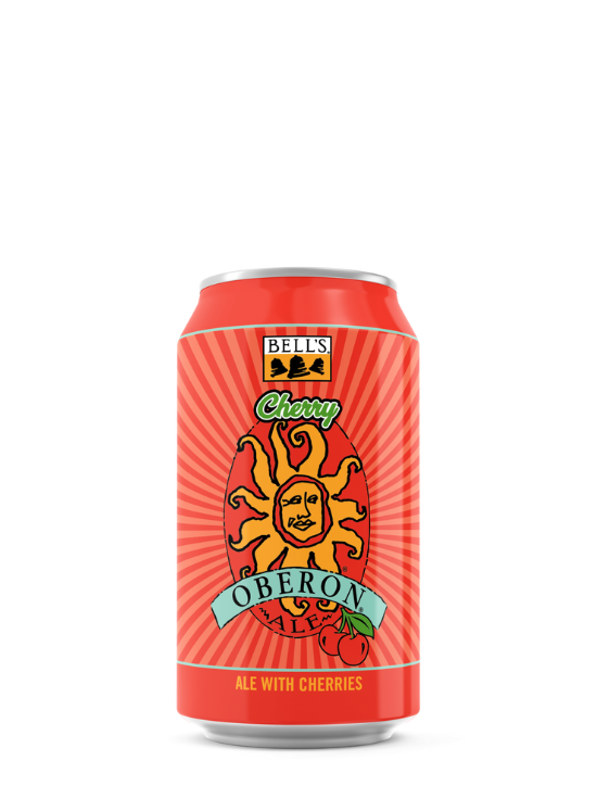 A vididly red can of beer with an image of the sun with a face on the front, labeled cherry oberon