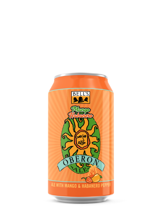 a vividly orange can with the oberon logo on the front and the words mango habanero oberon