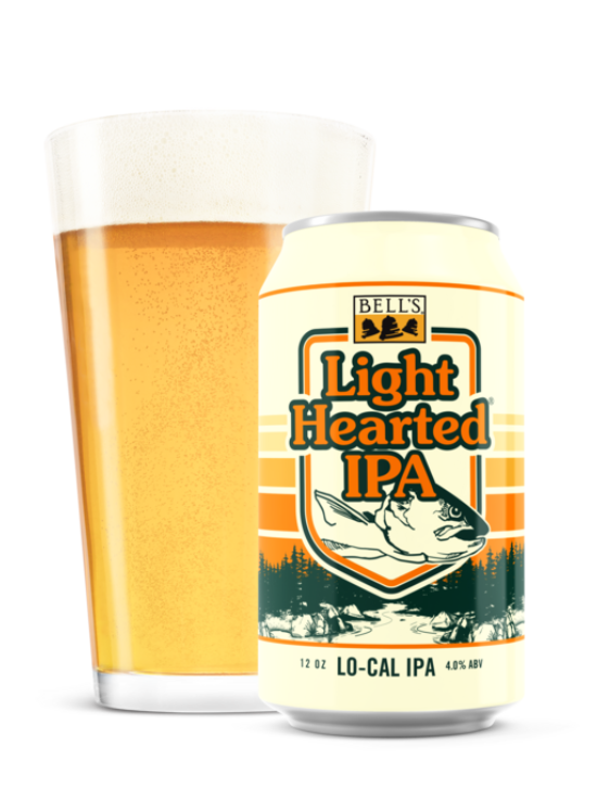 An off white can of beer that says light hearted IPA that has a pint glass filled with the IPA