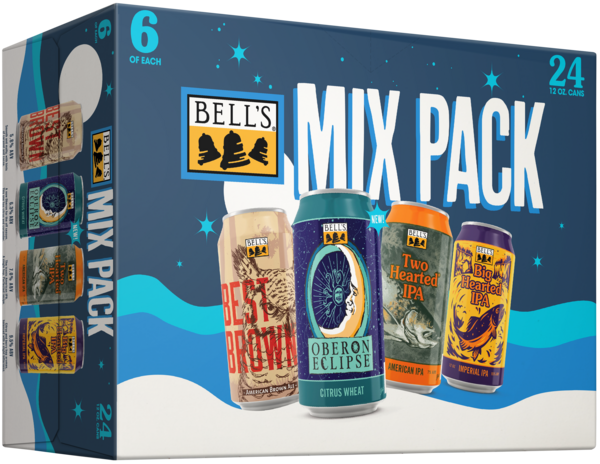 A rendering of a 24 pack of mixed beers, best brown, oberon eclipse, two hearted IPA and big hearted IPA