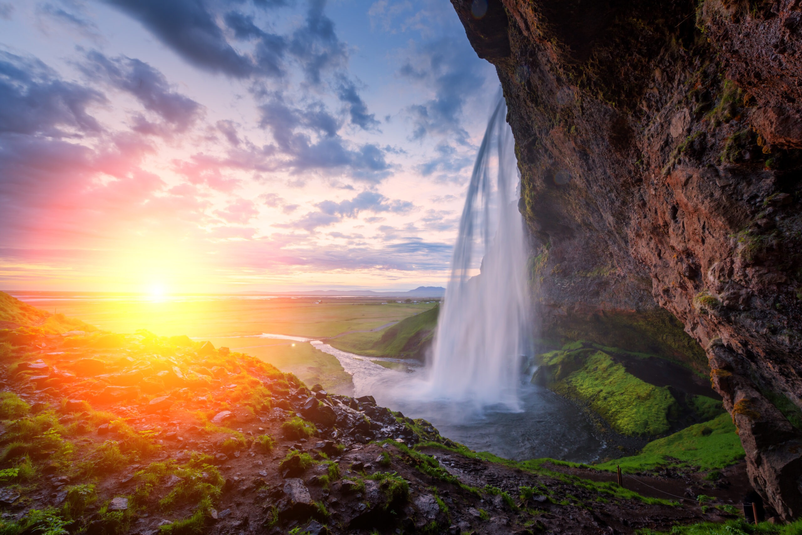 Sunrise on Seljalandfoss, Waterfall on Seljalandsa River, Iceland, Europe.