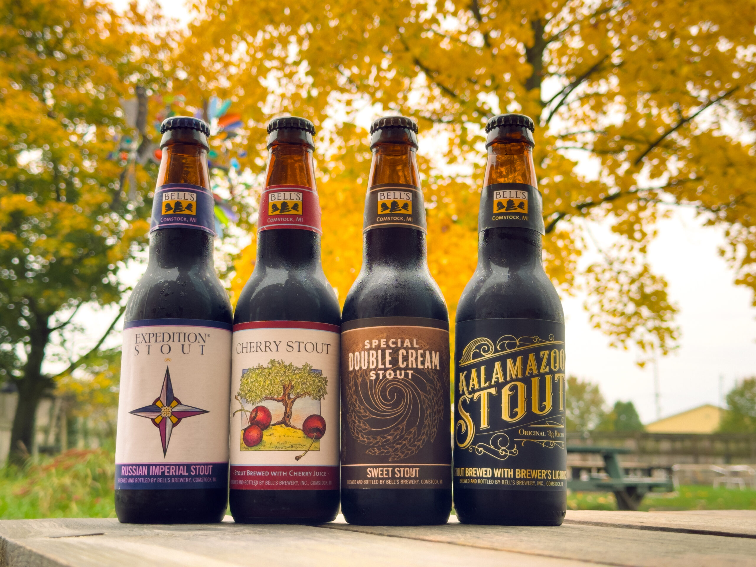 Bottles of Kalamazoo Stout, Cherry Stout, Double Cream Stout and Expedition Stout on a bench in front of fall foilage