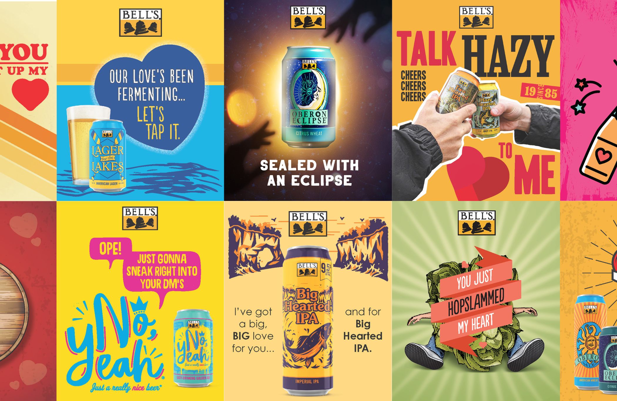 A collage of six vibrant and colorful beer advertisements from Bell's Brewery. Each features a clever beer-related pun integrated with a romantic theme and an image of a Bell's beer can. The slogans include playful phrases such as "Talk Hazy to Me," "Our love's been fermenting... Let's tap it," and "You just hopslammed my heart," among others. The background colors vary from yellow, blue, pink, and green, creating a lively and eye-catching design.