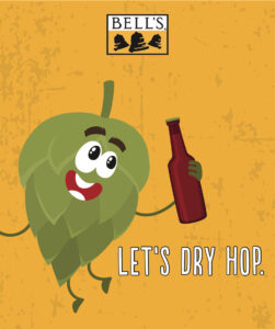 A jovial hop cone holding a beer bottle with the phrase "LET'S DRY HOP." set against a textured yellow background.