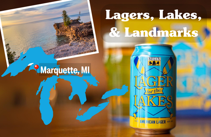 A promotional graphic featuring a can of "LAGER for the LAKES" on the right with a blurred background. On the left, a map of Michigan with a marker on Marquette, MI, and an inset photo of a picturesque rocky lakeshore at sunset. The heading "Lagers, Lakes, & Landmarks" is displayed at the top.