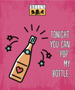 A cartoon depiction of a champagne bottle with the phrase "TONIGHT, YOU CAN 'POP' MY BOTTLE," set against a pink background adorned with stars.