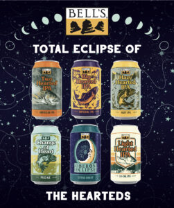 A space-themed background featuring various Bell's beer cans, including Two Hearted IPA and Oberon Eclipse, with the words "TOTAL ECLIPSE OF THE HEARTEDS" above.