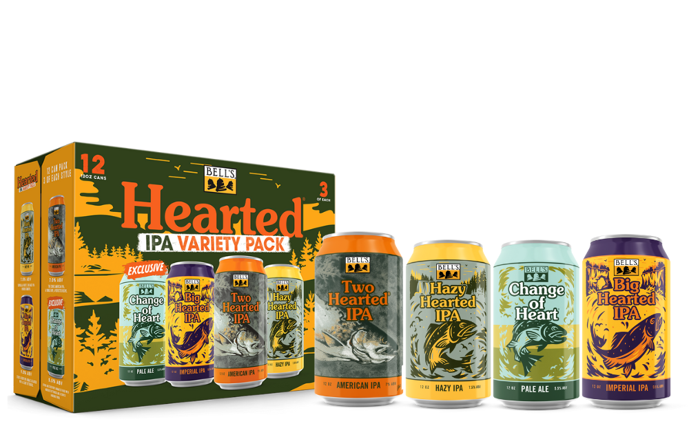 case of Bell's Hearted beer with four cans in front. Includes Two Hearted, Hazy Hearted, Change of Heart, and Big Hearted.