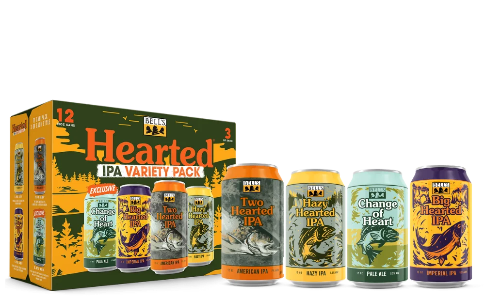 case of Bell's Hearted beer with four cans in front. Includes Two Hearted, Hazy Hearted, Change of Heart, and Big Hearted.