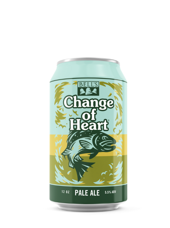 Can of Bell's Change of Heart Pale Ale. Features a background of aqua, yellow-green and yellow with an illustration of a fisg in dark green.