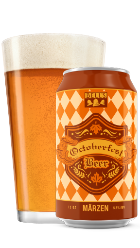 Octoberfest Beer in a can with the beer in a pint glass behind it