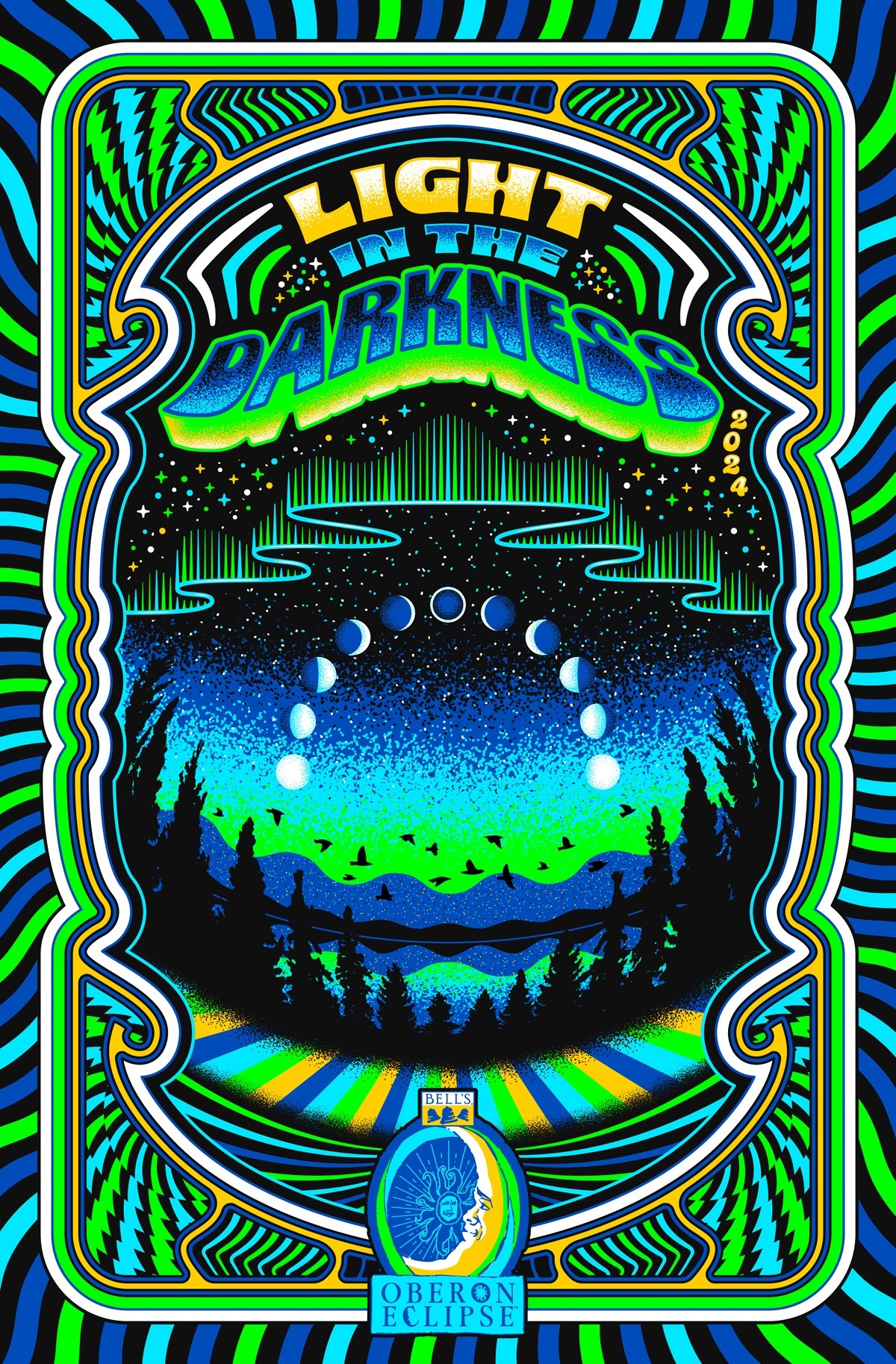 A psychodelic style poster of a moon going through each of it's phases in an arch pattern in a night sky above a lake in the forest with a mountain backdrop, the words a light in the darkness at the top