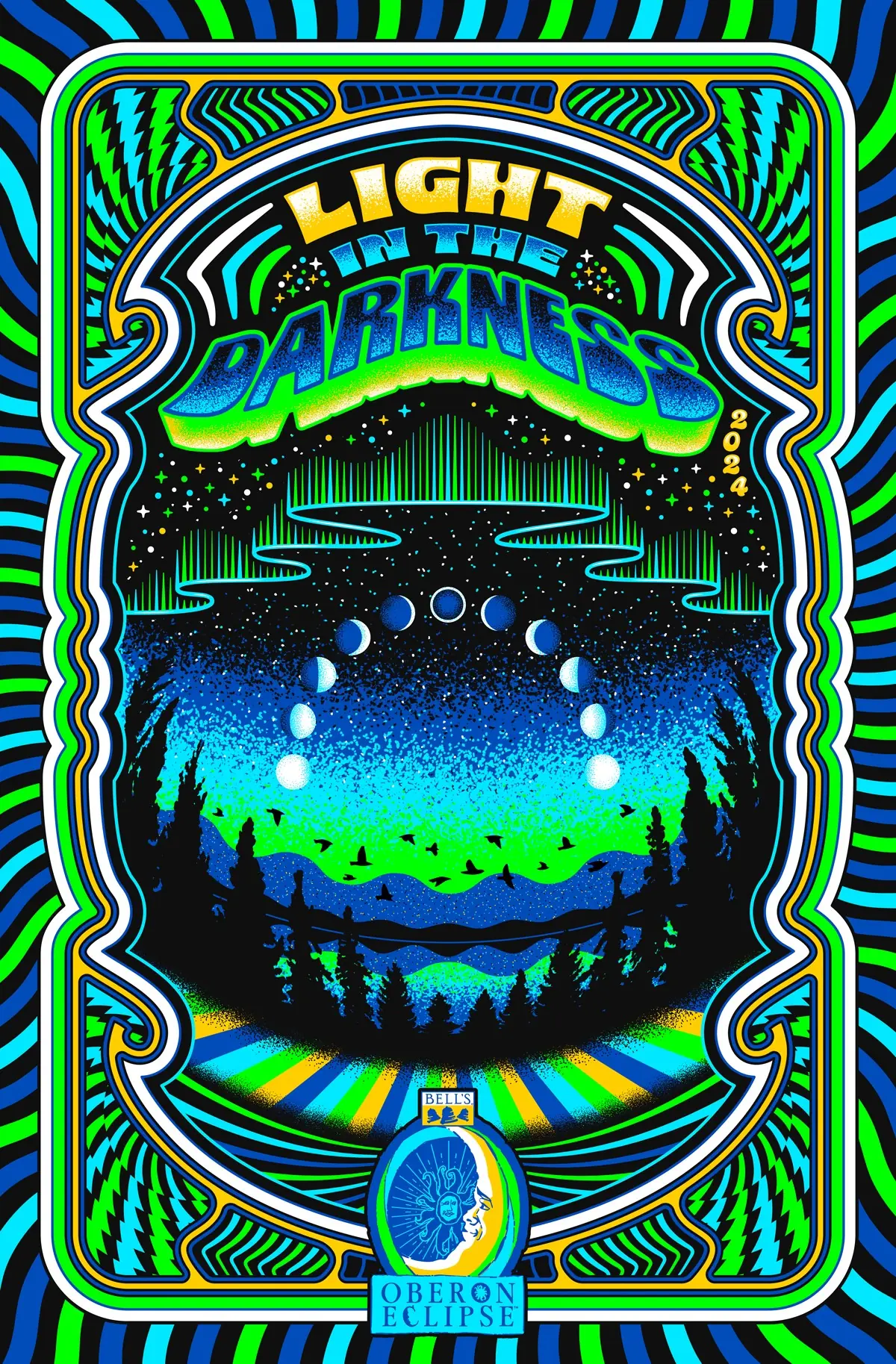 A psychodelic style poster of a moon going through each of it's phases in an arch pattern in a night sky above a lake in the forest with a mountain backdrop, the words a light in the darkness at the top