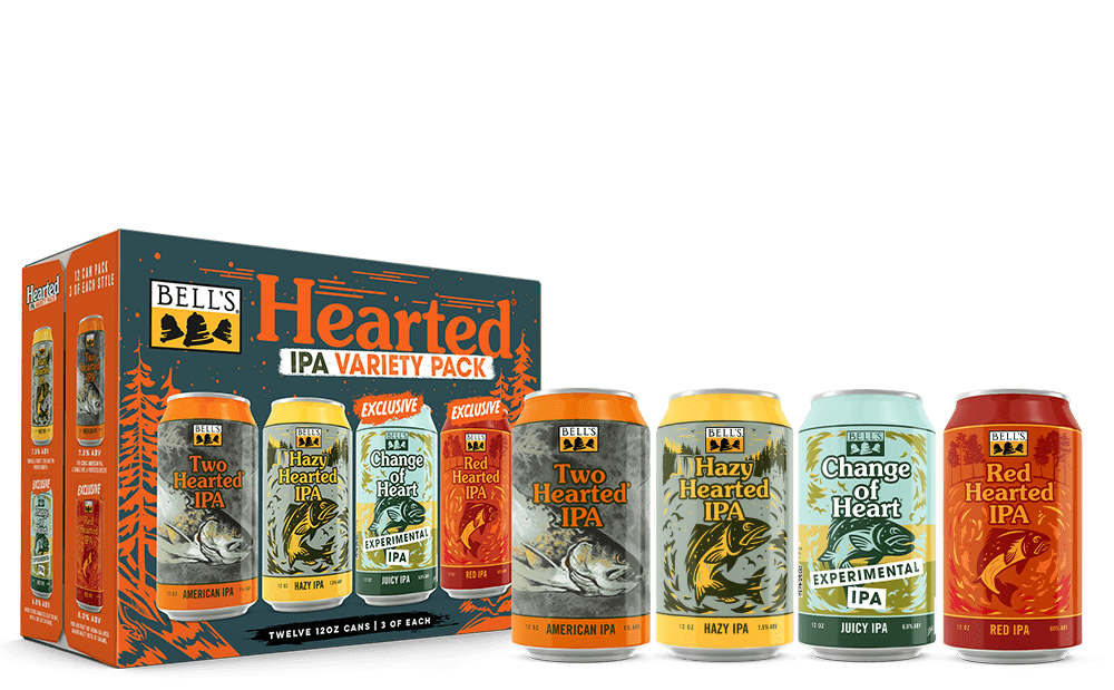 Hearted Variety Pack package showing a can of Two Hearted, Hazy Hearted, Change of Heart, and Red Hearted