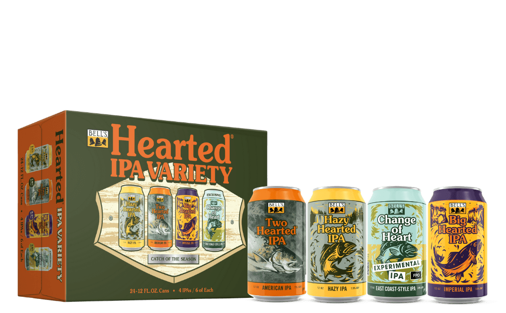 Bells T1 Variety Pack case with four featured beers including Two Hearted, Hazy Hearted, Big Hearted and Change of Heart