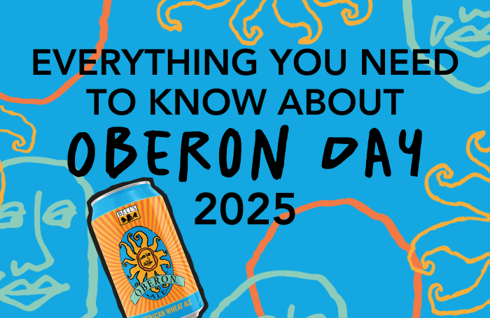 Everything you need to know about oberon day 2025 text with an Oberon can on a light blue background with Oberon sun elements