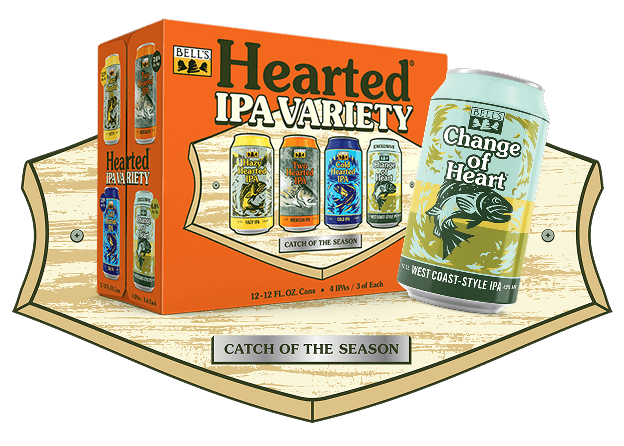 Bells T1 Variety Pack case with four featured beers including Two Hearted, Hazy Hearted, Big Hearted and Change of Heart