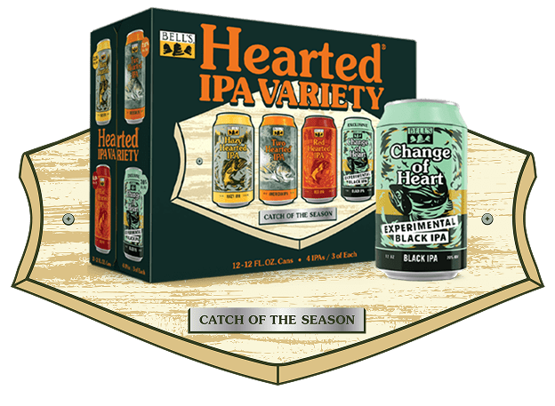 Bells T1 Variety Pack case with four featured beers including Two Hearted, Hazy Hearted, Big Hearted and Change of Heart