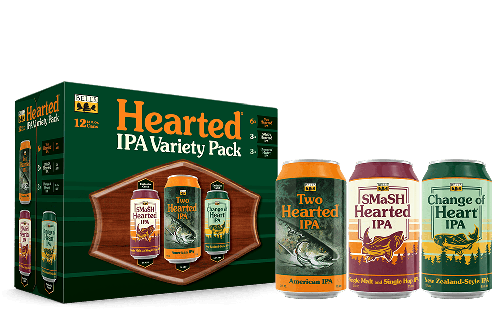 Bells T1 Variety Pack case with four featured beers including Two Hearted, Hazy Hearted, Big Hearted and Change of Heart