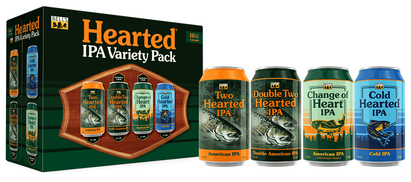 HeartedVariety_T3_2026_Hero Bell's Hearted IPA Variety Pack box with Two Hearted, Double Two Hearted, Change of Heart, and Cold Hearted cans